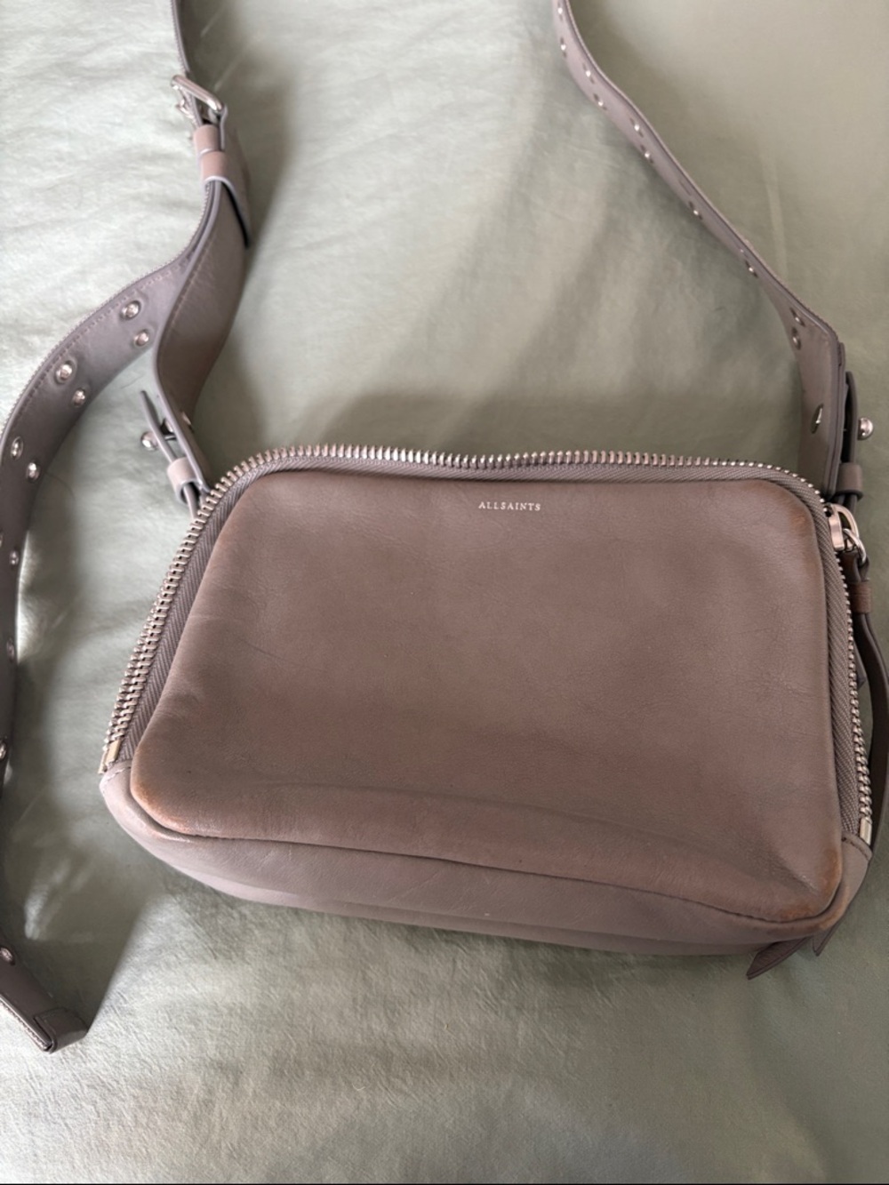 AllSaints Small Leather Pouch in Taupe Gray with Silver Hardware